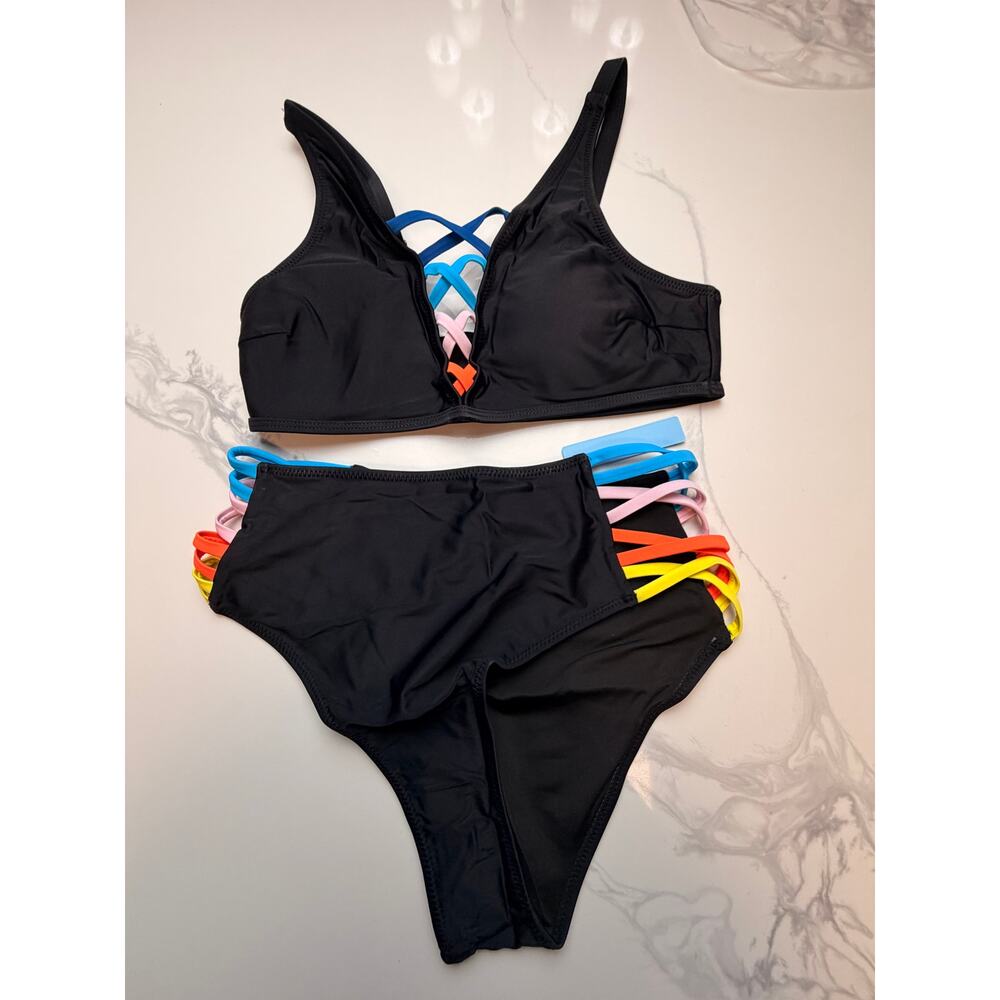 NWT Black Rainbow Strap Bikini Set Size Medium